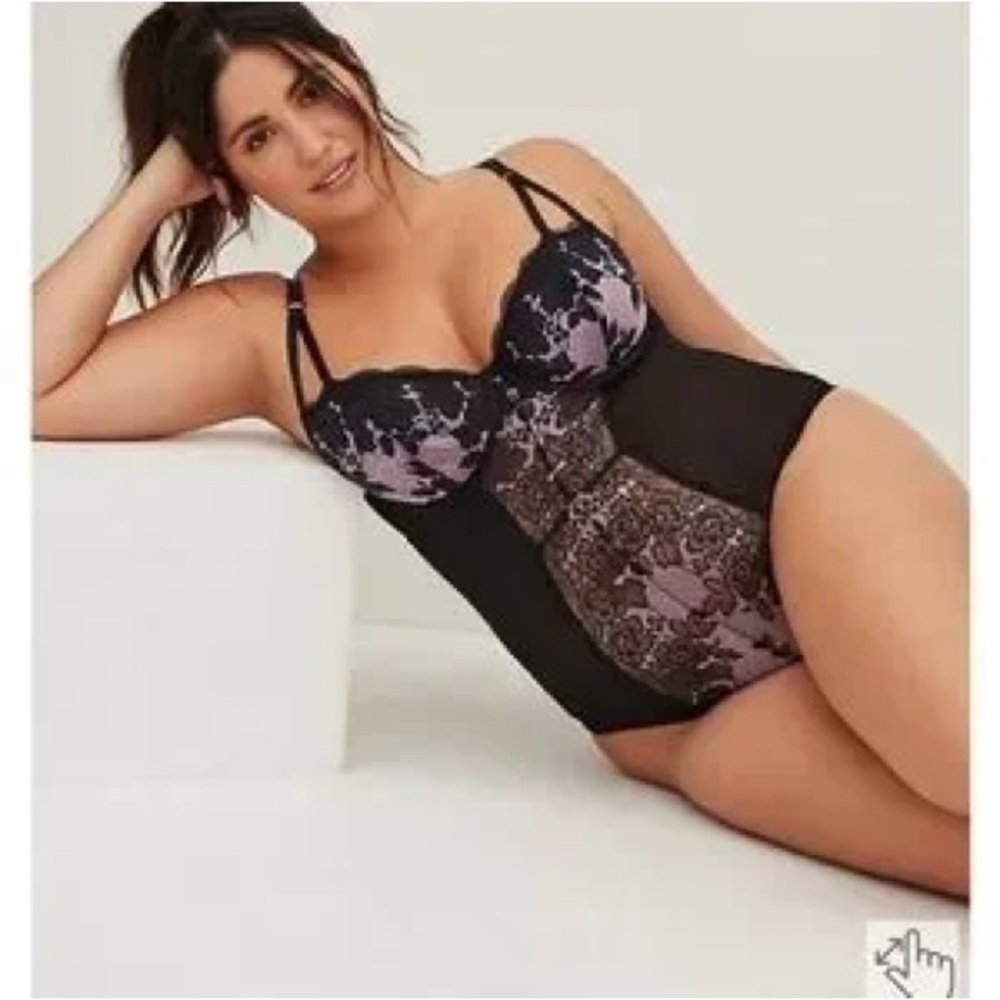 Torrid Black and Purple Lace Shapewear Bodysuit